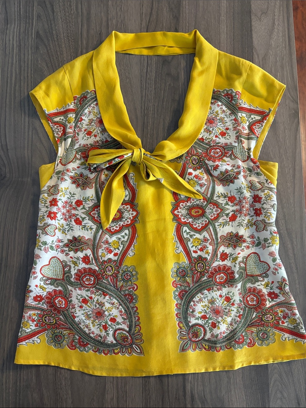 100% Silk | Anthropologie | Women's Yellow Paisley Tie-Neck Cap Sleeve Top